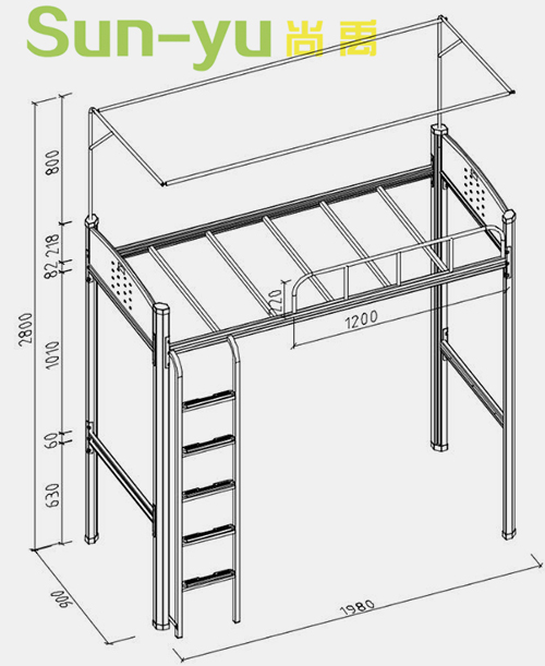 单人高架床-侧梯-定制设计图